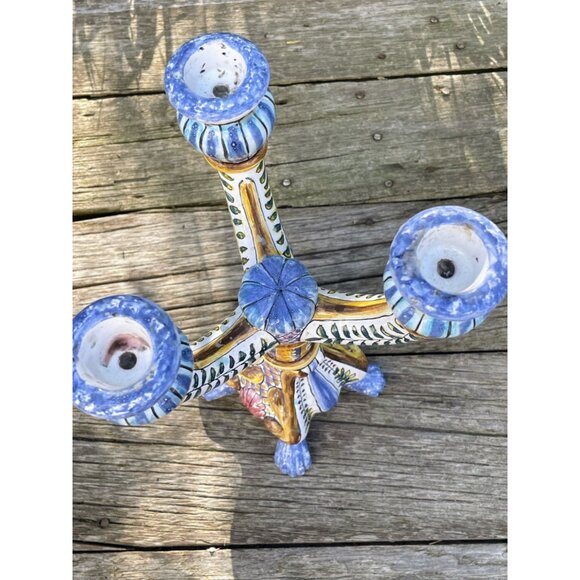 Vintage Hand Painted Portugal 3 Arm Candelabra Candle Stick Holder - Picture 9 of 16